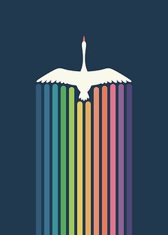 a white bird sitting on top of a tall rainbow colored column with the words, peace is