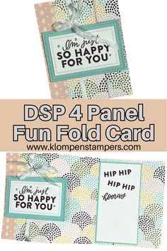 two different cards with the words dsp 4 panel fun fold card on top and bottom