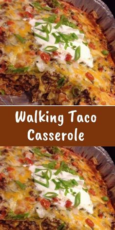 two pictures of a taco casserole with cheese and toppings