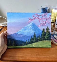 Acrylic painting on canvas, mountain with cherry blossoms Easy Scenic Canvas Painting, Simple Scenic Painting, Mountain Aesthetic Painting, Mountain Scenery Painting Easy, Scenary Paintings Aesthetic, Fuji Mountain Painting, Gambar Estetic, Dump Acc, Birthday Canvas