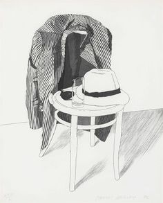 a drawing of a hat on a table next to a jacket and coat hanger