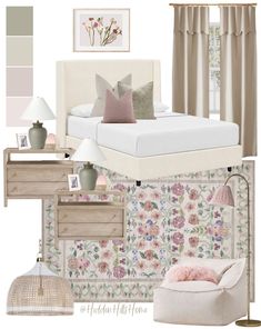 the bedroom is decorated in pastel tones and neutrals, with pink accents on the bed