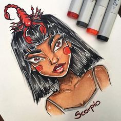 a drawing of a woman with scorpion on her head and three markers next to it