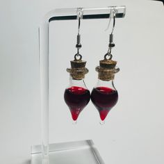 Drop Dangle Blood Vile Earrings. The “Blood” Is Cured Resin. These Items Are Handmade And Will Have Small Imperfections, Etc. I Try To Make Them Bubble Free As Possible. Connect With Me On Instagram And Tiktok! @Bananawerks Also Make Sure You Follow My Shop For Sales/Discount And Newly Added Items! Feel Free To Message Me With Any Questions! Aaron Lycan, Shifting Script, Craft Journal, Very Scary, Hand Crafted Jewelry, Crafted Jewelry, Gothic Jewelry, Uv Resin, Glass Earrings