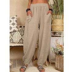 Season:Summer,Fall,Spring; Fabric:Linen Cotton Blend; Gender:Women's; Style:Comfort; Occasion:Causal; Pattern:Solid Color; Design:Elastic Waist,Pocket; Pants Type:Baggy Pants,Harem Pants; Hips:null; Length:null; Waist:null; Fit US Size:null; Fit UK Size:null; Fit EU Size:null Trousers Women Casual, Cotton Harem Pants, Cotton Casual Pants, Casual Linen Pants, Cotton Linen Pants, Linen Casual, Baggy Pants, Pantalon Large, Pant Style