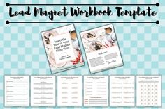 the lead magnet workbook template is displayed on a blue and white checkered background