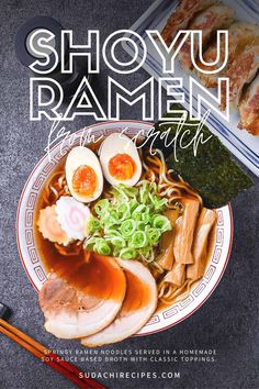 the cover of shoyu ramen with chopsticks and an egg on top