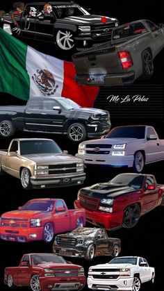 many different types of trucks are shown in this graphic above them is the flag of mexico