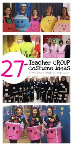 some people are dressed up in costumes and holding buckets with the words, 27 teacher group costume ideas