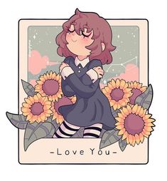 a girl with red hair and sunflowers in front of a card that says love you