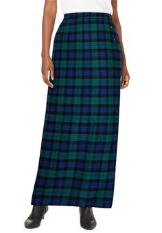 Pencil in your look for the week! This side-button plaid skirt is the perfect piece addition to your wardrobe. Pair it with a turtleneck blouse & a blazer to complete your 9-to-5 look. Faux wrap silhouette3 non-functional button closuresBack elasticSide zip39" lengthWool blendDry clean, imported | Plus Size Women's Side-Button Wool Skirt by Jessica London in Emerald Blackwatch Plaid (Size 20 W) Blackwatch Plaid, Turtleneck Blouse, Long Jean Skirt, Button Front Skirt, Plaid Outfits, Leather Midi Skirt, Tunic Tank Tops, Wool Skirt, Ladies Of London