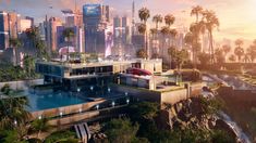 the futuristic city is surrounded by palm trees