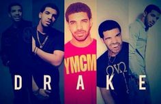 three men standing next to each other in front of a wall with the words drake on it