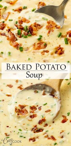 baked potato soup with bacon and green onions in a white bowl topped with a spoon