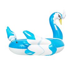 an inflatable blue and white bird floating on top of it's back