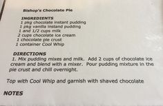 the ingredients for a chocolate pie are shown in this recipe box, with instructions on how to make it