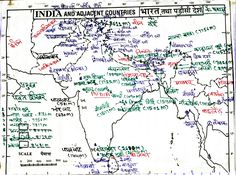 an old map with writing on it in india and india countries, all written in different languages