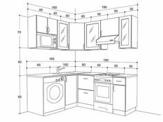 a drawing of a kitchen with an oven, sink and washer