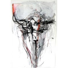 an abstract painting with black and red lines