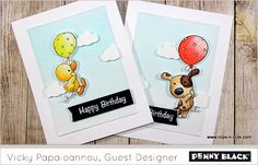 two cards with balloons and dogs on them, one has a happy birthday card in the middle