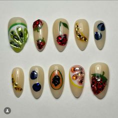 Fruit Nail Design, Blueberry Mango, Lemon Banana, Fruit Nail Designs, Fruit Nail, Nail Design Glitter, Food Nails, Fruit Nail Art, Mens Nails