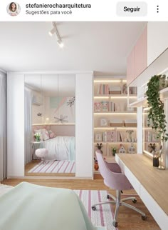 an image of a bedroom setting with pink and white decor on the walls, along with bookshelves