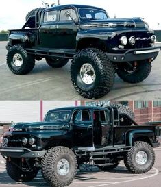 two pictures of an old black truck with big wheels and huge tires on the front