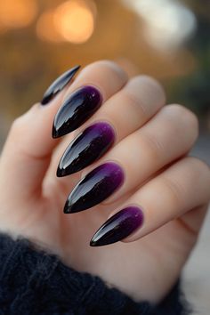 Deep Purple Halloween Nails, Gradient Ombre Nails, Black Nails With Purple Tips, Goth Ombre Nails, Spooky Purple Nails, Nails Acrylic One Color, Halloween Purple Nails, Purple And Black Nail Ideas, Purple And Black Halloween Nails