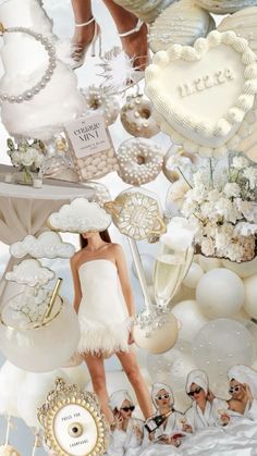 a collage of white and gold items with woman in the middle surrounded by balloons