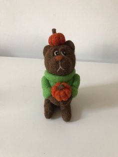 a brown teddy bear wearing a green sweater and holding a pumpkin in its paws on a white surface