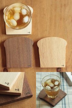 four pieces of wood with ice cubes in them