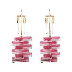 pair of pink glass and brass chandeliers