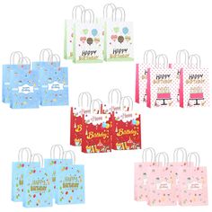 birthday gift bags with happy birthday messages on them, all in different colors and designs