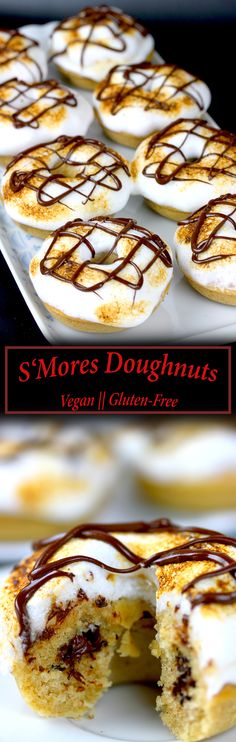 there are many desserts with chocolate drizzled on them and the title says more doughnuts vegan / glutter style