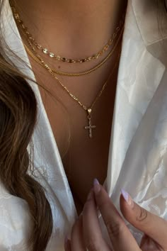 Permanent Jewelry, Stacked Necklaces, Heart Shaped Necklace, Gold Cross Necklace, Jewelry Lookbook, Cross Jewelry, Handmade Gold, Cross Pendant Necklace