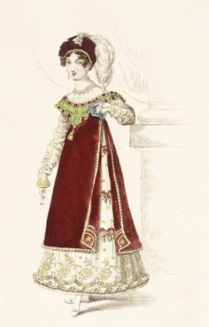 Fashion Plate (Danish Fancy Dress Worn at the Prince Regents Fête) | LACMA Collections August 1819 Victorian Fancy Dress, Regency Art, Fancy Dress Ball, John Bell, Victorian Dresses, Regency Era Fashion, Danish Fashion, Regency Dress, Regency Fashion