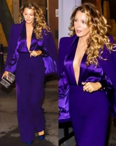 Purple Satin Outfit, Royal Purple Outfits For Women, Purple Professional Outfit, Blake Lively 2023, Purple Blazer Outfits For Women, Purple Outfits For Women Classy, Purple Suit Women, Formal Pantsuits For Women, Purple Blazer Outfit