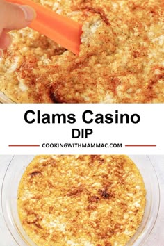 a close up of a casserole in a glass dish with the words clams casino dip above it