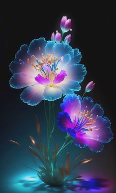 two blue and pink flowers with water droplets on the bottom, against a black background