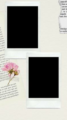 two white polaroid frames with pink flowers on them and an old book page in the background