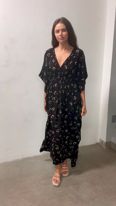 Pre-order: Summer Kaftan Dress | Aztec Black Block Print – Rujuta Sheth V-neck Unlined Maxi Dress For Beach, V-neck Maxi Dress For Beach Season Loungewear, Chic Rayon Maxi Dress For Beach Cover-up, Black Printed Rayon Dresses, Flowy Black Summer Cover-up, Black Boho Print V-neck Dress, Chic Black V-neck Kaftan, Flowy Black V-neck Beach Dress, Chic Printed Rayon Maxi Dress