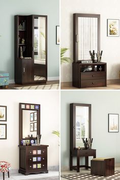 there are four different pictures of the same room in this house, each with its own mirror and furniture