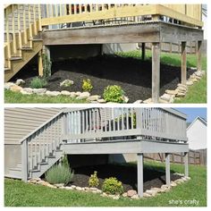 two pictures side by side showing the steps leading up and down to a deck area