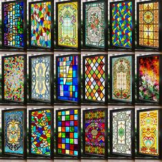 many different colored stained glass windows with designs on each one side and the other half