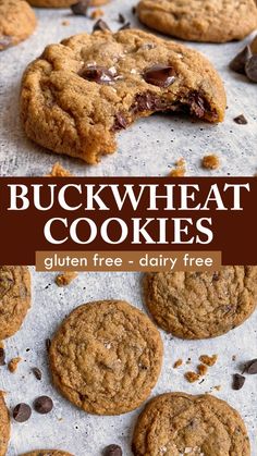 chocolate chip cookies with text overlay that reads buckwheat cookies gluten free - dairy free