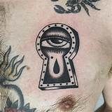 a man with tattoos on his chest has an eye in the keyhole