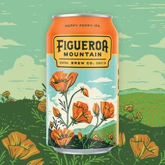 a can of figueroa mountain beer with orange flowers