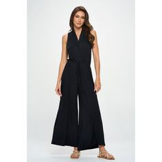 This is the perfect pull-on & throw-on surplice neck jumpsuit, no matter the occasion. It's composed of a soft knit fabric with the elastic waist with a tie designed to give your natural waist fit, and with a wide leg opening for extra comfort and ventilation. This is a great versatile go-to piece. Two side-pockets. Material: 95% Rayon Modal 5% Spandex. Made in USA. Machine washable. Cargo Jumpsuit, Maxi Jumpsuit, Knit Jumpsuit, Tie Design, Sleeveless Knit, Women Maxi, Hem Style, Sleeveless Jumpsuits, Linen Women