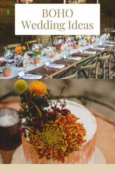 an image of a table set up for a wedding with flowers on it and the words boho wedding ideas