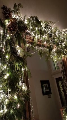 the christmas tree is decorated with lights and pineconis in an archway that looks like it's going to be lit up